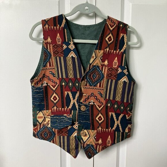 Vintage Jackets & Blazers - Vintage Reversible Vest Womens XS Green Canvas Funky 90s Abstract Artsy Top